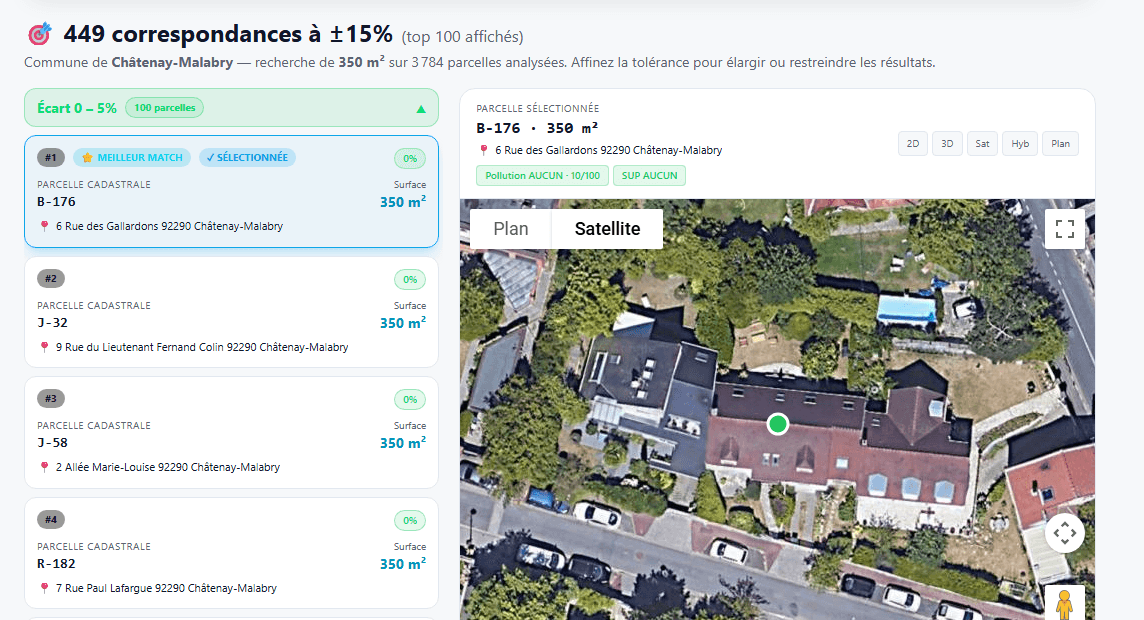 Résultats du Détective Foncier : parcelles cadastrales candidates classées par écart de surface, avec adresse et vue satellite pour identifier le bien d'une annonce