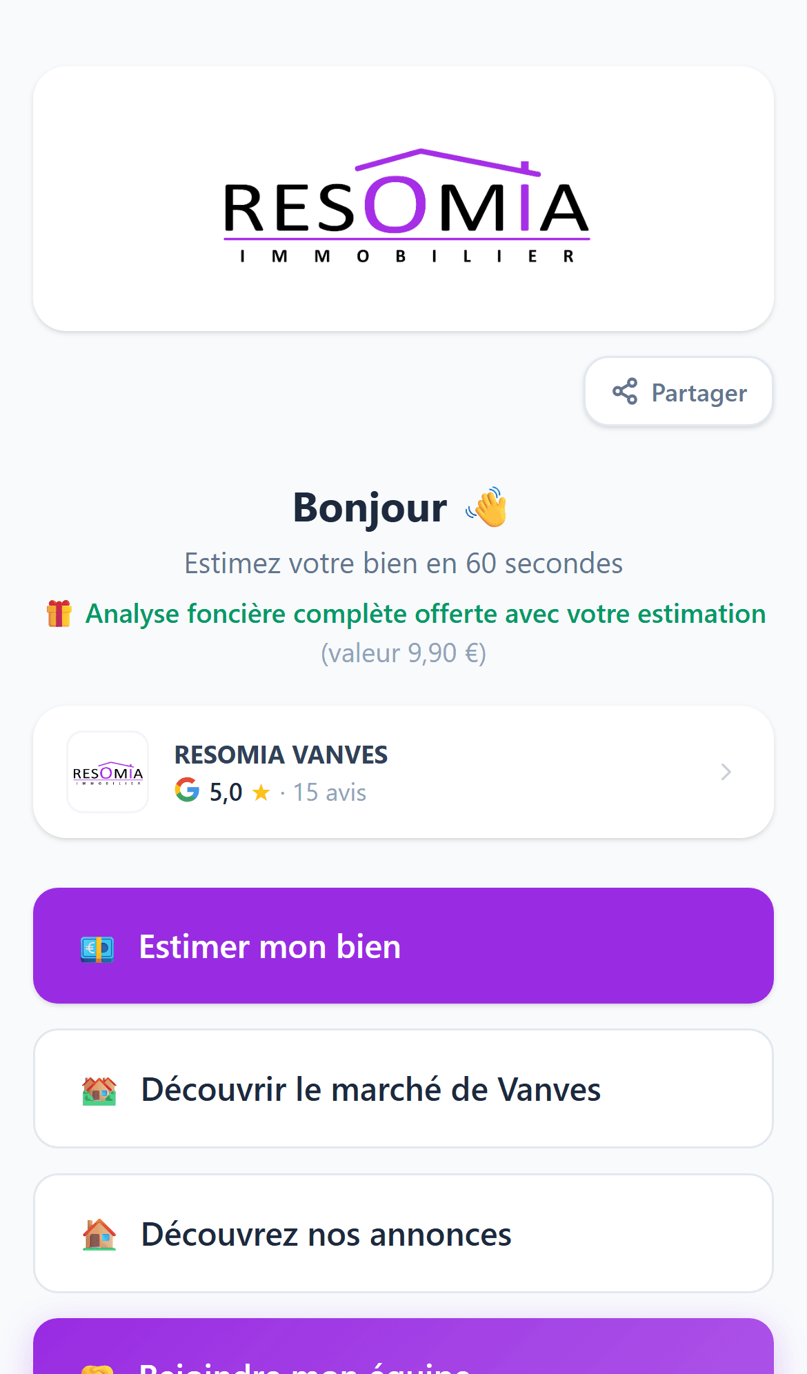 Page d'accueil du QR code d'une agence immobilière : estimation gratuite, marché de la commune, annonces, avis Google, recrutement et carte de visite