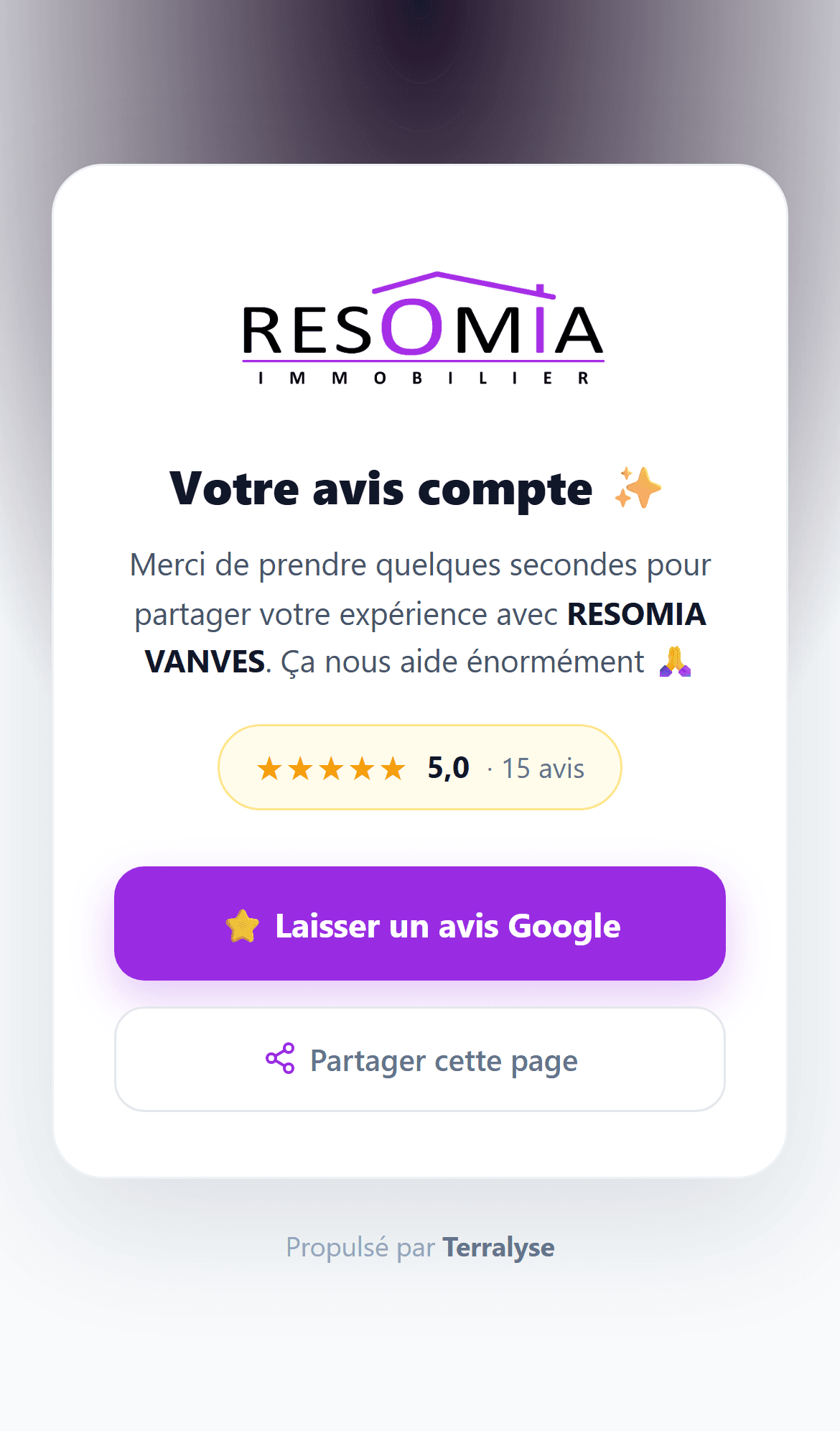 Page de collecte d'avis Google d'une agence immobilière via QR code, personnalisée au logo et aux couleurs de l'agence, avec note et nombre d'avis