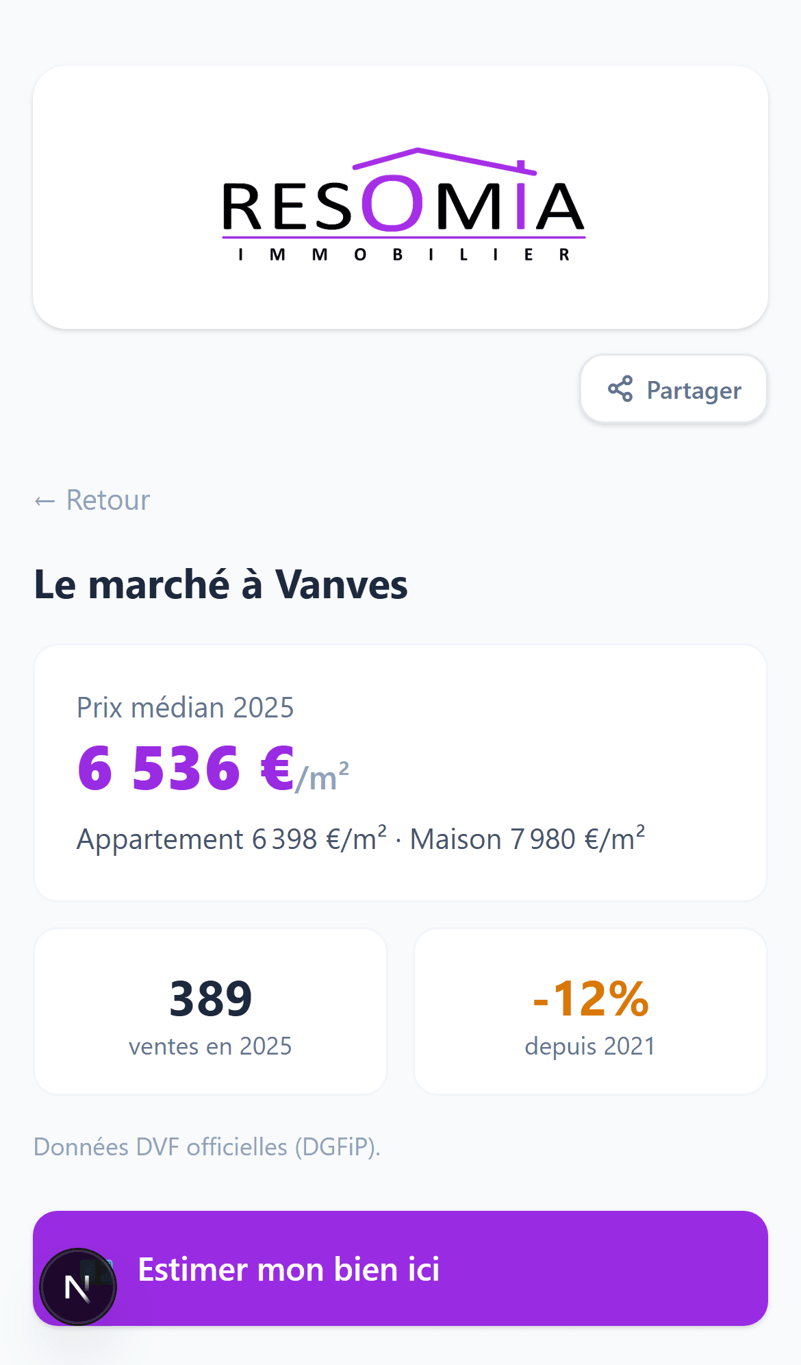Vue du marché immobilier de la commune depuis le QR code : prix médian au m², ventes de l'année et évolution, données notariales DVF officielles