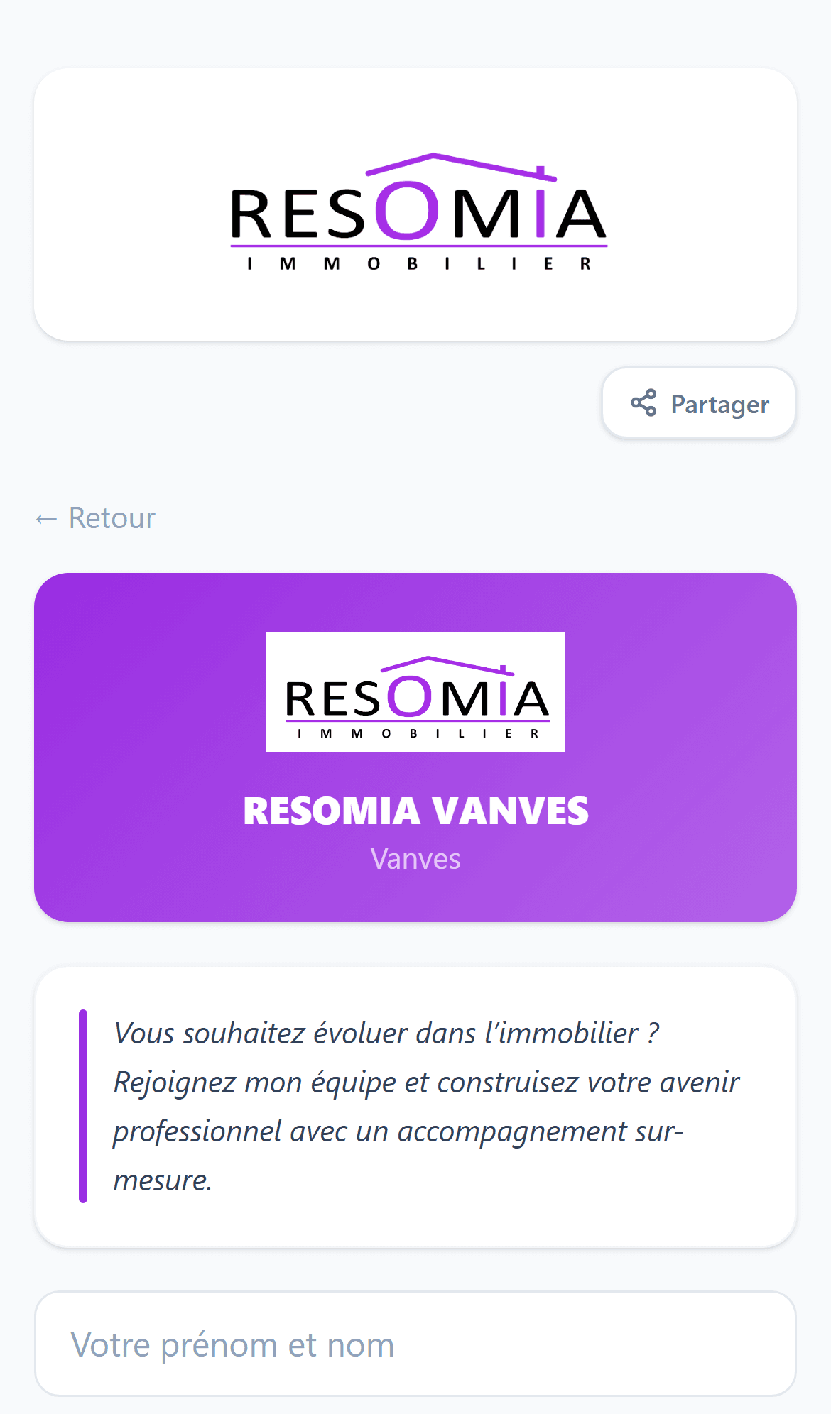 Formulaire de candidature pour rejoindre une équipe d'agents immobiliers, ouvert depuis le QR code de l'agence, avec message de recrutement personnalisé