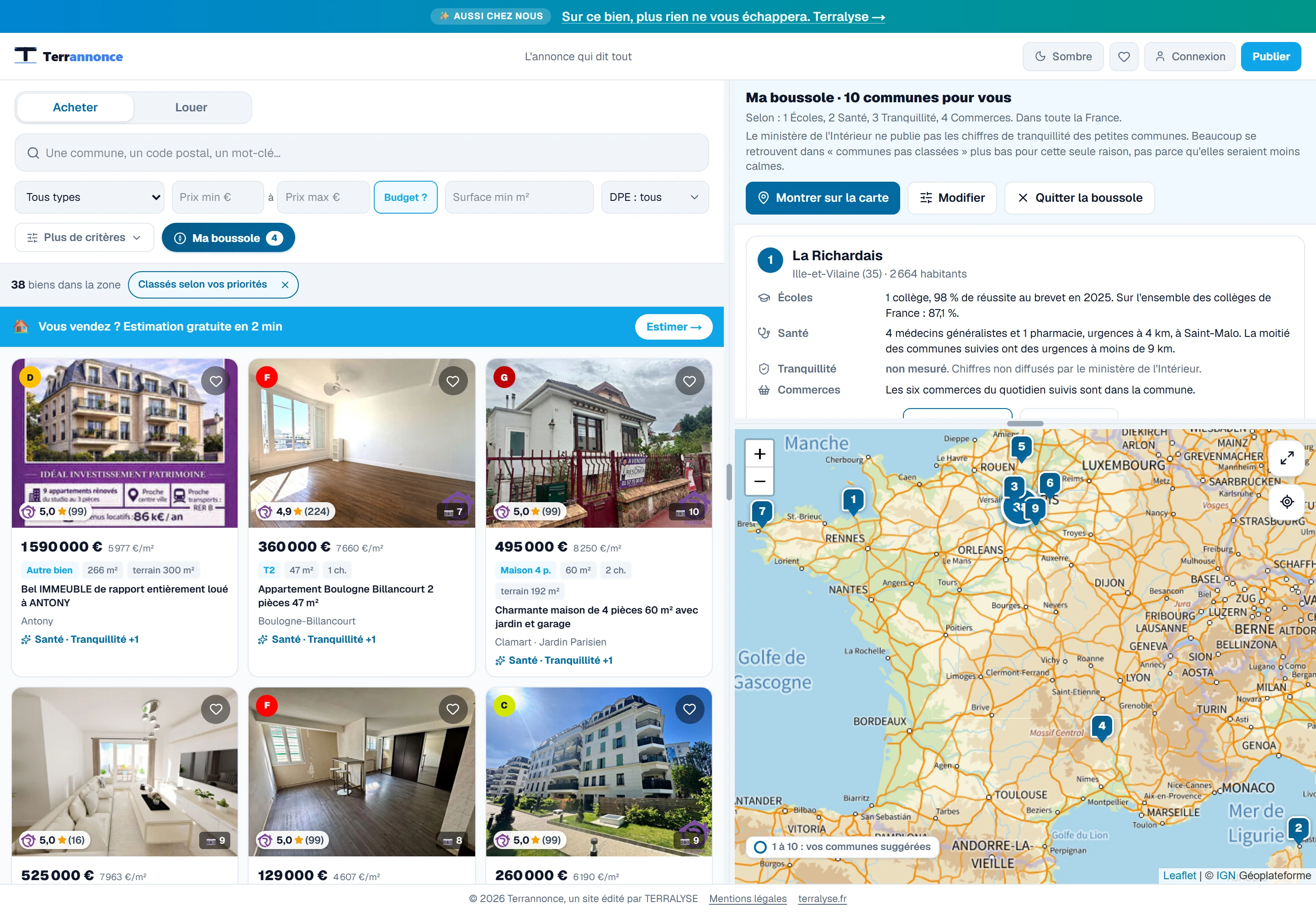 Résultats de Ma Boussole : communes classées selon les priorités choisies, avec leurs chiffres détaillés, et annonces reclassées