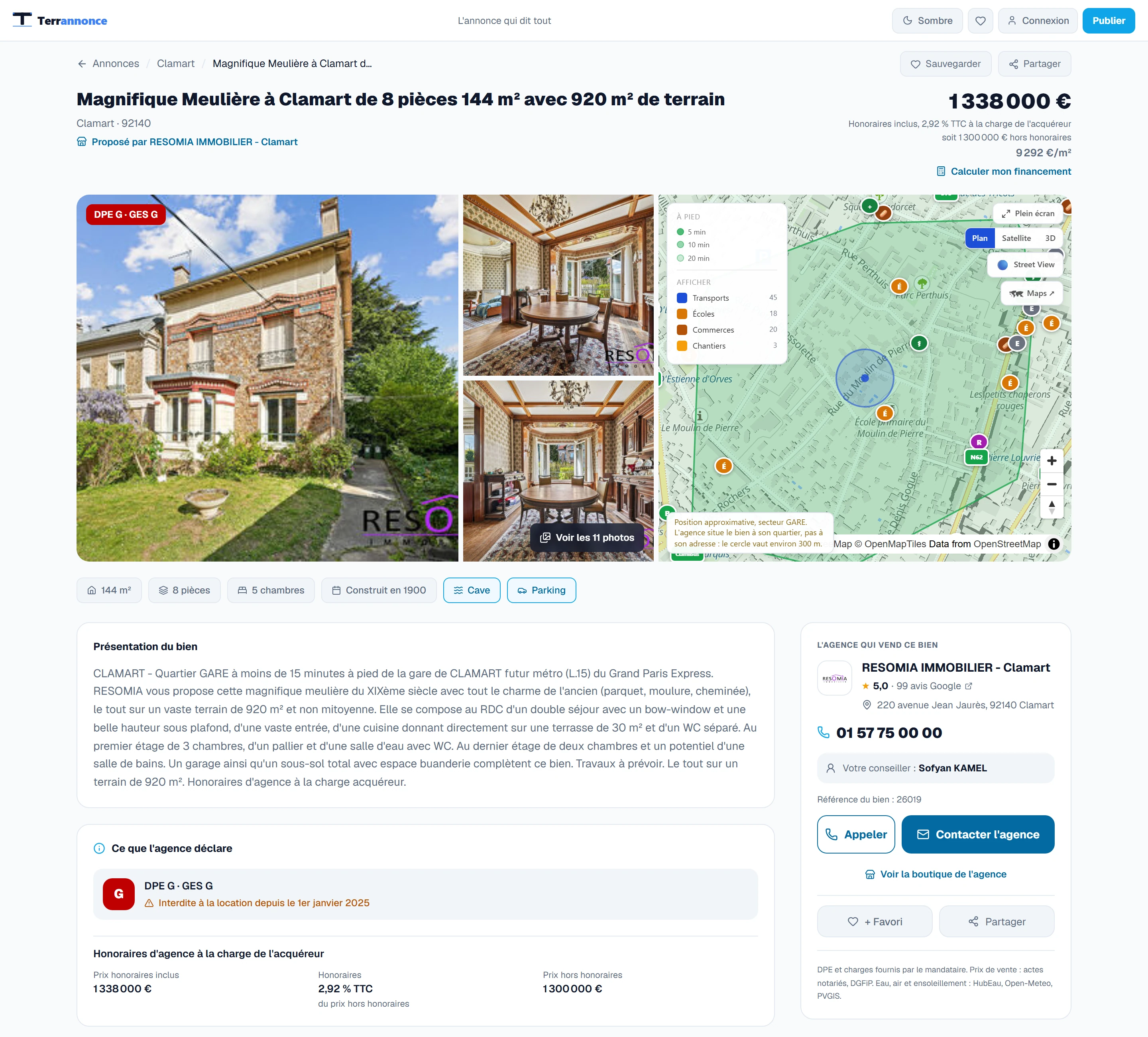 Fiche d'une annonce Terrannonce, avec ses photos et la carte du quartier (écoles, commerces, transports)